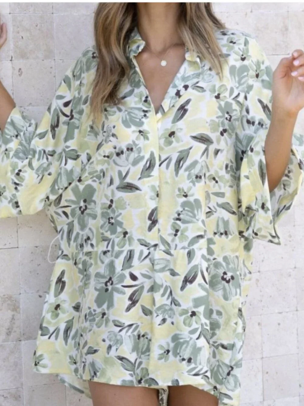 Indikah Green Yellow Floral Button-Up Romper – Size‎ M – Cotton Flowy